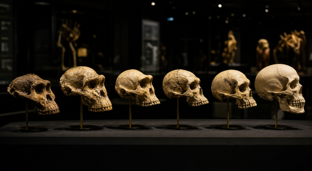 ヒト族の複数の頭骨化石が進化の時間軸に沿って博物館の暗い展示台に並んでいる様子