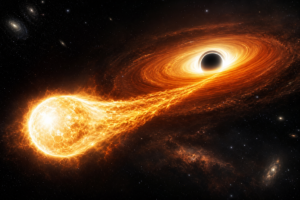 超巨大ブラックホールの潮汐力で外層を剥がされ、細く伸びる星と渦を巻く降着円盤