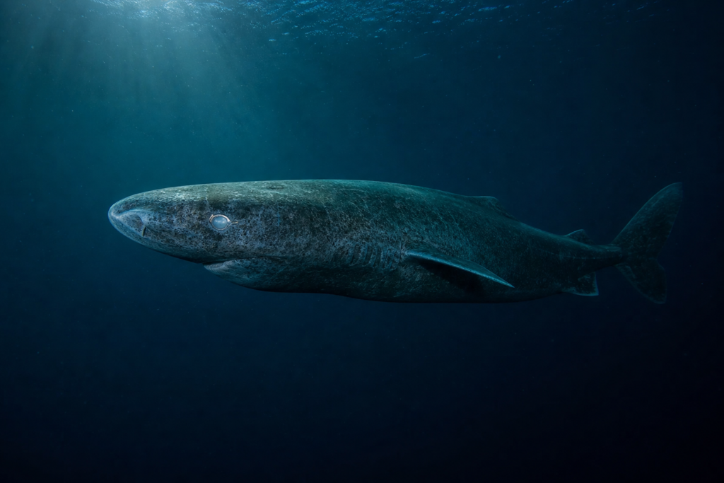 北極海の暗い深海をゆっくり泳ぐニシオンデンザメ。灰色の巨体と曇った眼に、上からわずかな青い光が差している