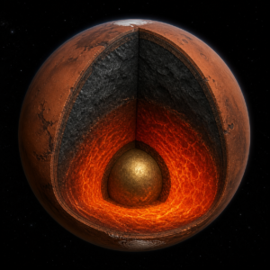 火星の断面図。南半球の下だけマントルが赤くオレンジに輝き、北半球の下は暗いグレーで冷えている様子を示す