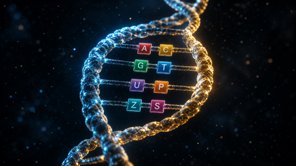 DNAの二重らせんに8色の塩基文字が並ぶ分子生物学のイメージ図。ハチモジDNAで文字が倍増した状態を表現している。