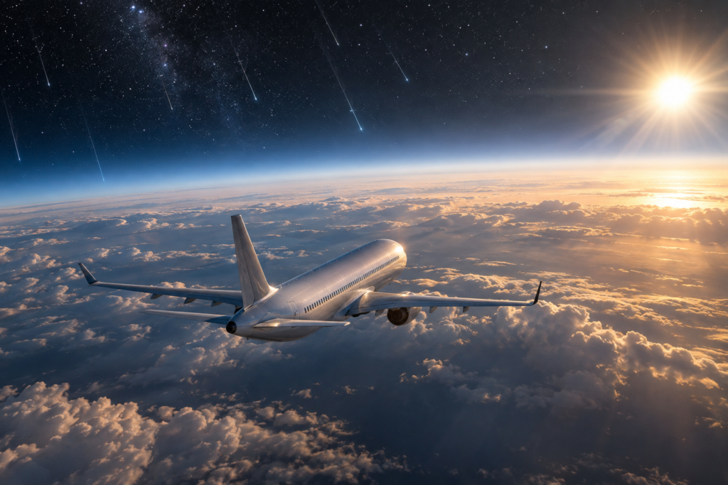 成層圏を飛ぶ旅客機の上空から、宇宙線の粒子が薄い光の筋となって降り注ぐ様子。奥に太陽と星空。