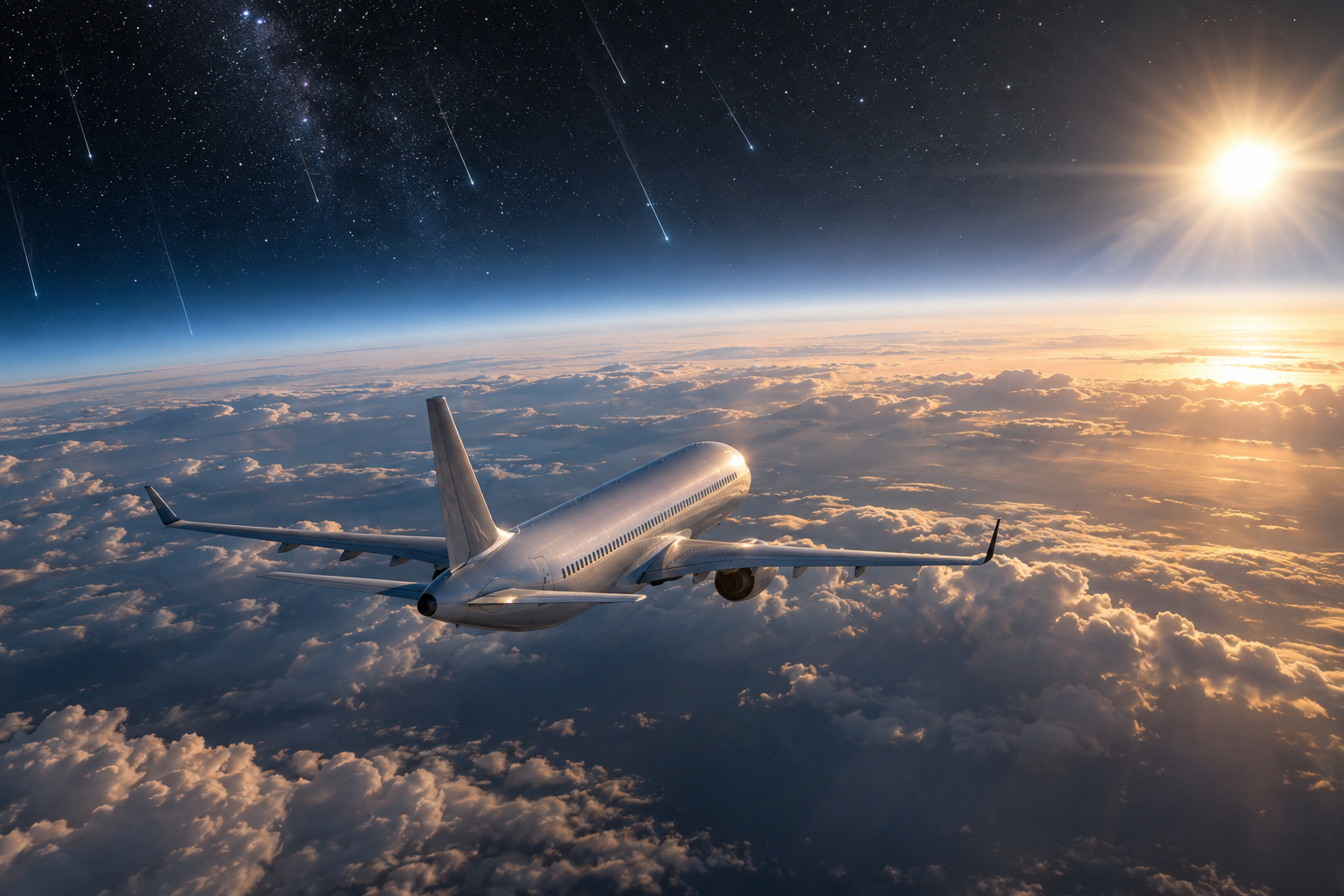 成層圏を飛ぶ旅客機の上空から、宇宙線の粒子が薄い光の筋となって降り注ぐ様子。奥に太陽と星空。