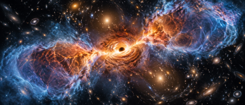 銀河団の中心に鎮座する超大質量ブラックホールから、熱いガスの乱流が周囲の宇宙空間へと大きく広がっていく想像図。