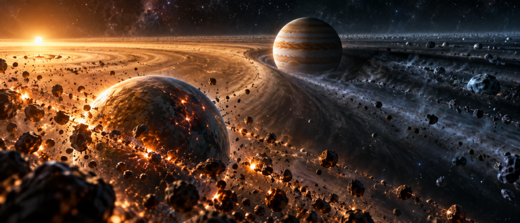 原始地球が内惑星領域の岩石を集めて成長する様子と、後方で外側からの物質流入を阻む若い木星の関所を描いたイラスト